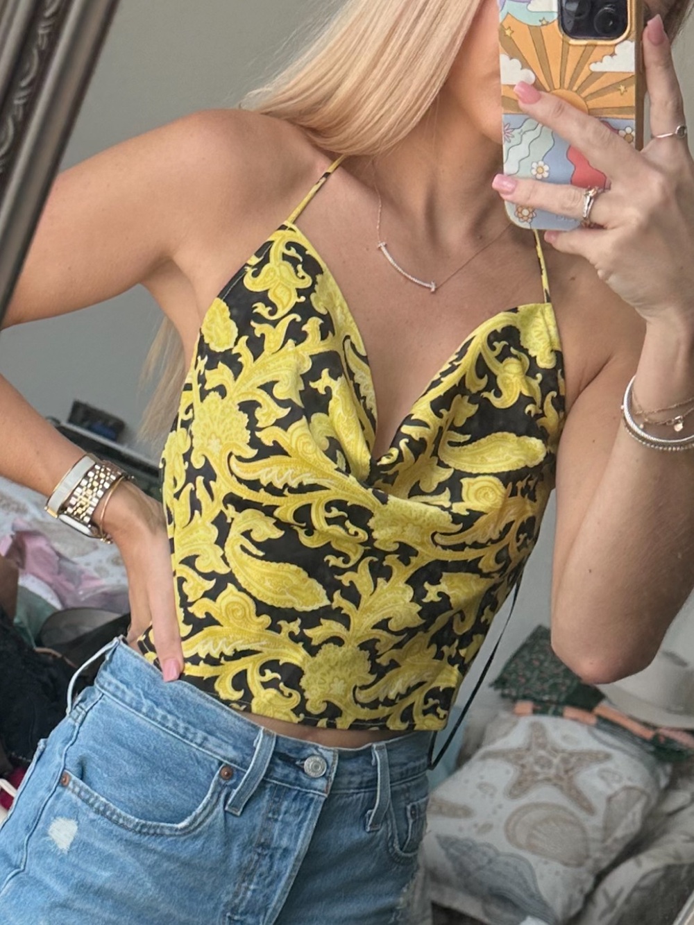 Yellow Baroque Paisley Print Cowl Neck Camisole Top - Women